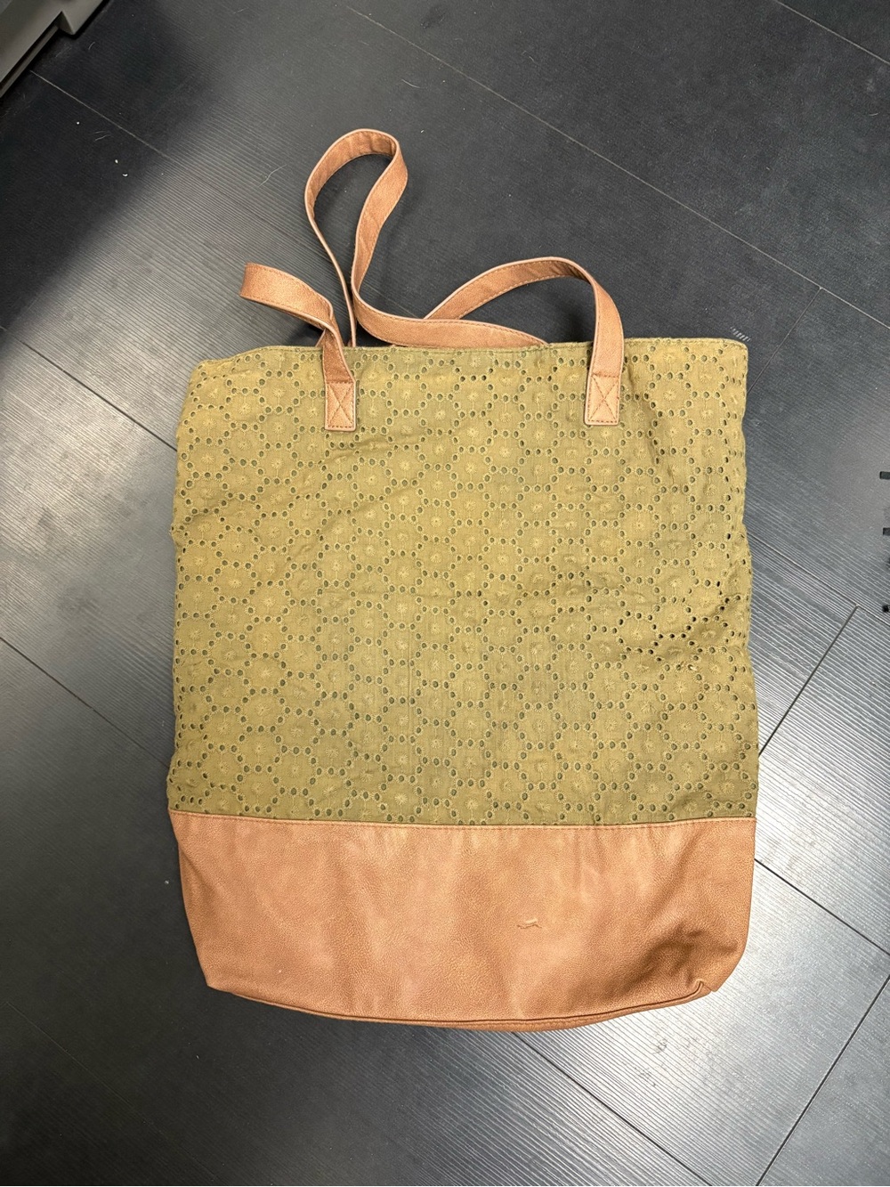 Olive Eyelet Canvas Tote with Tan Leather Trim